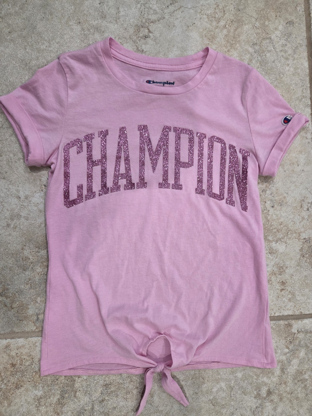 Champion Pink Glitter Logo Tie-Front Short Sleeve Tee